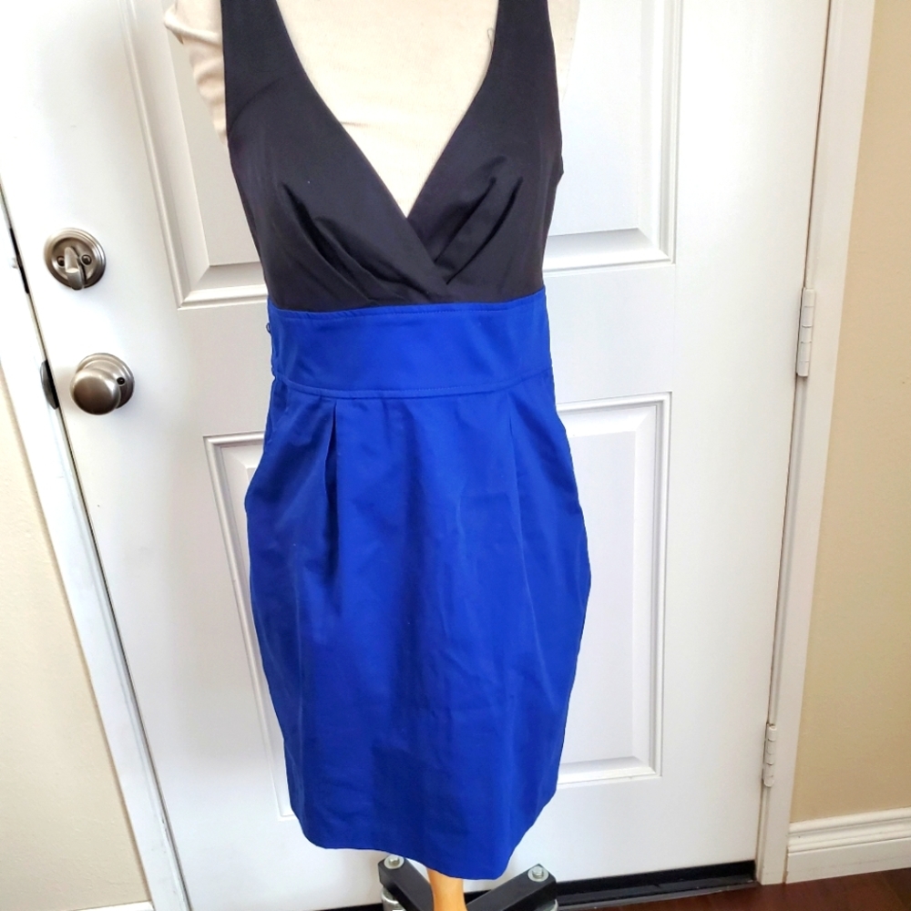 Express Coloblock Blue Black V Neck Cotton Cocktail Dress Pockets Women's Size 8